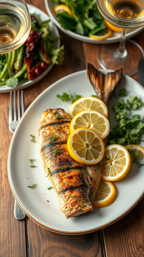 Roasted sea bass with lemon and thyme, plated elegantly on a wooden table with a side salad.